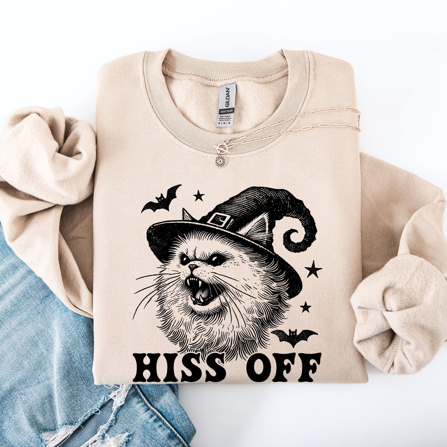 Hiss Off, Cat, Halloween Witch, Funny, Graphic, Trendy Sweatshirt