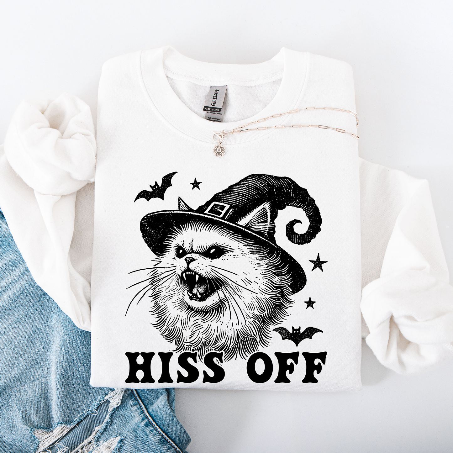 Hiss Off, Cat, Halloween Witch, Funny, Graphic, Trendy Sweatshirt