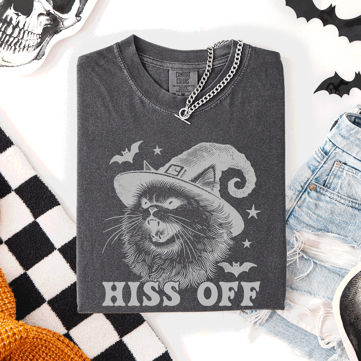 Hiss Off, Cat, Halloween Witch, Funny, Graphic Tee, Trendy, Comfort Colors T-Shirt