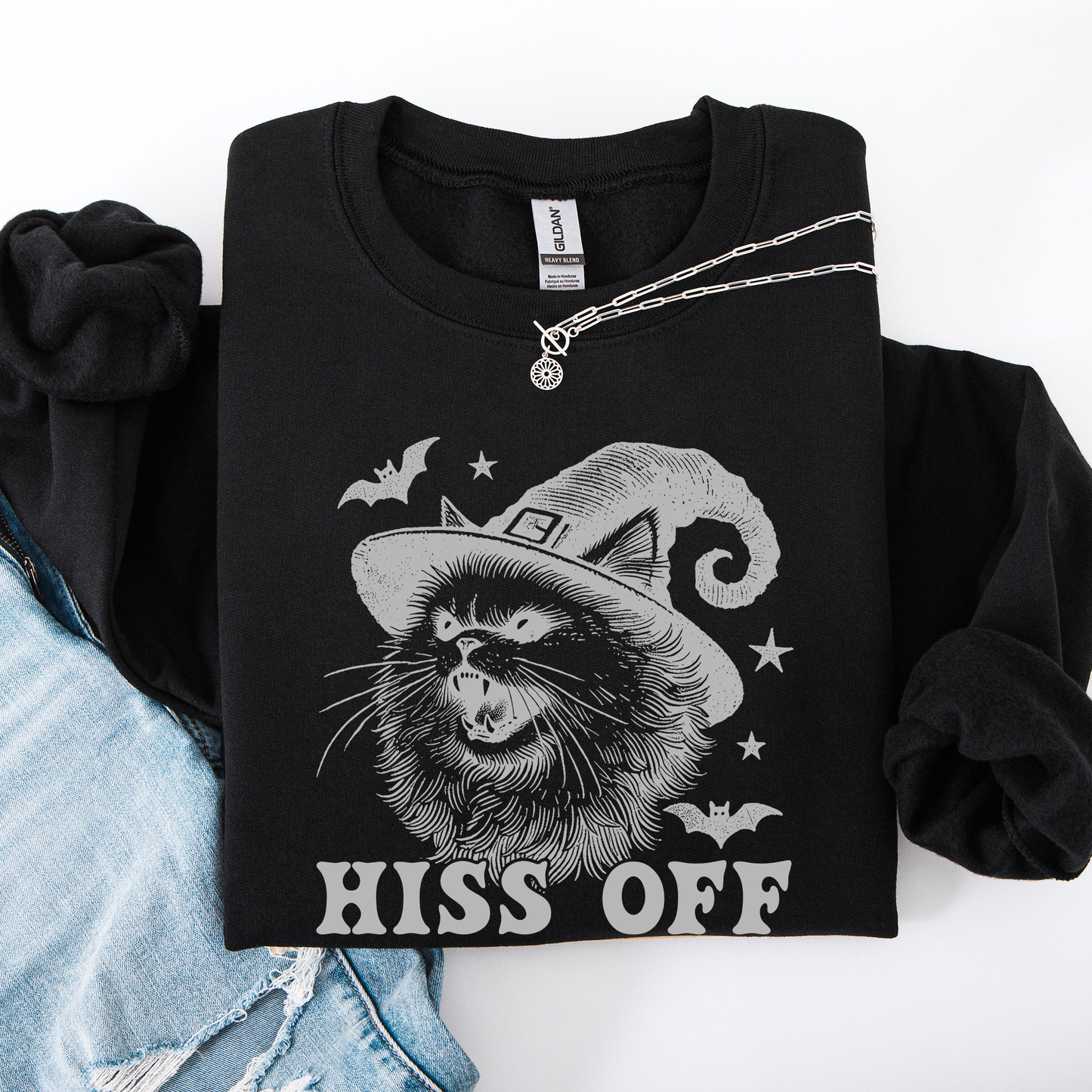 Hiss Off, Cat, Halloween Witch, Funny, Graphic, Trendy Sweatshirt