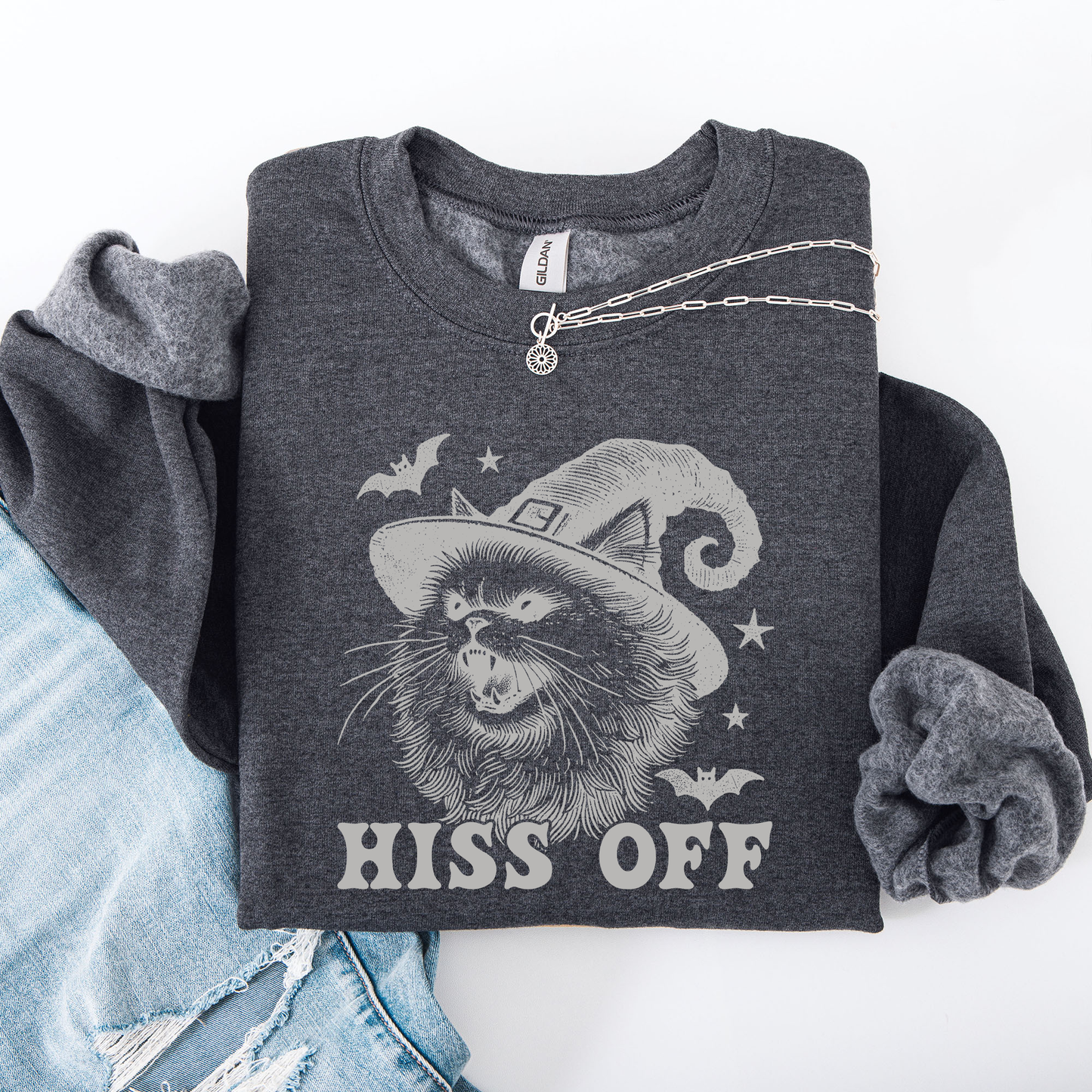Hiss Off, Cat, Halloween Witch, Funny, Graphic, Trendy Sweatshirt