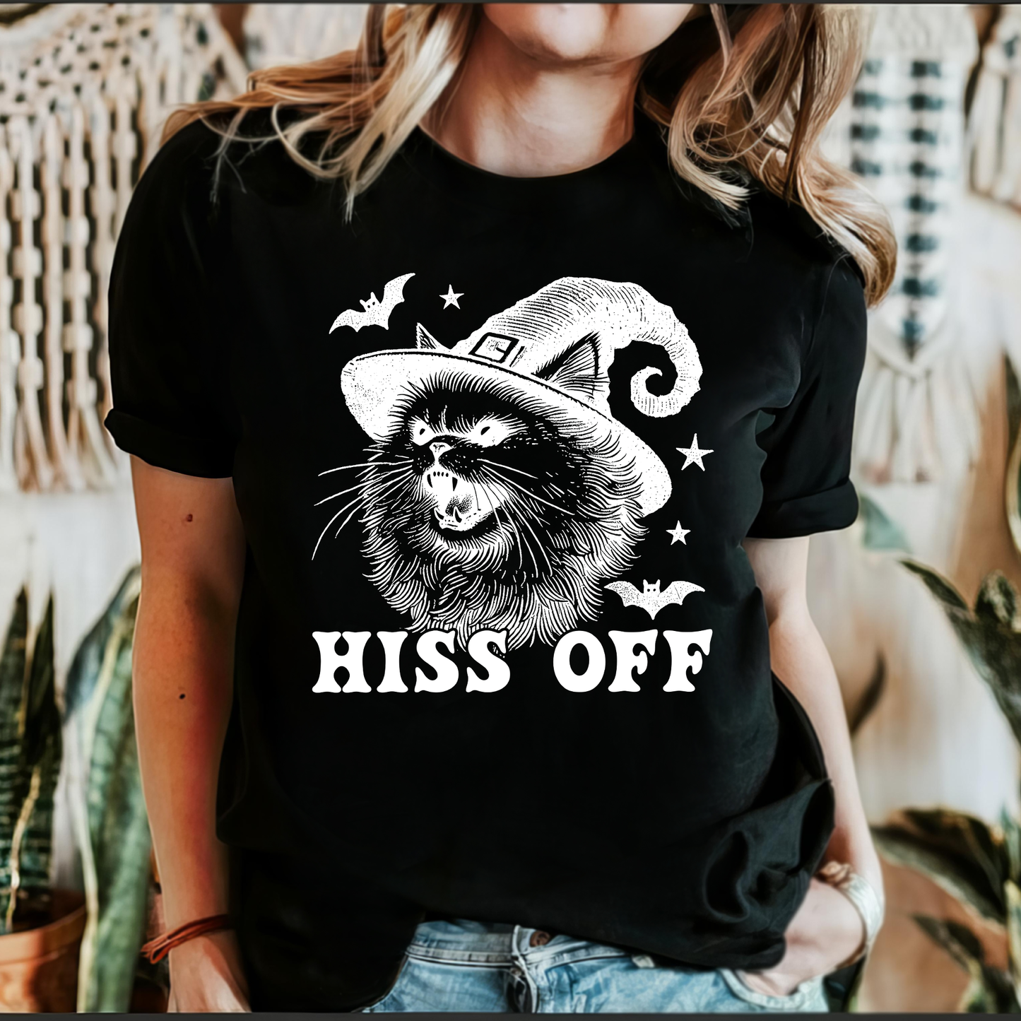 Hiss Off, Cat, Halloween Witch, Funny, Graphic Tee, Trendy Black Tshirt
