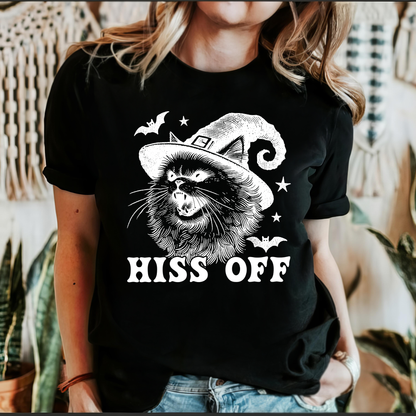 Hiss Off, Cat, Halloween Witch, Funny, Graphic Tee, Trendy Black Tshirt