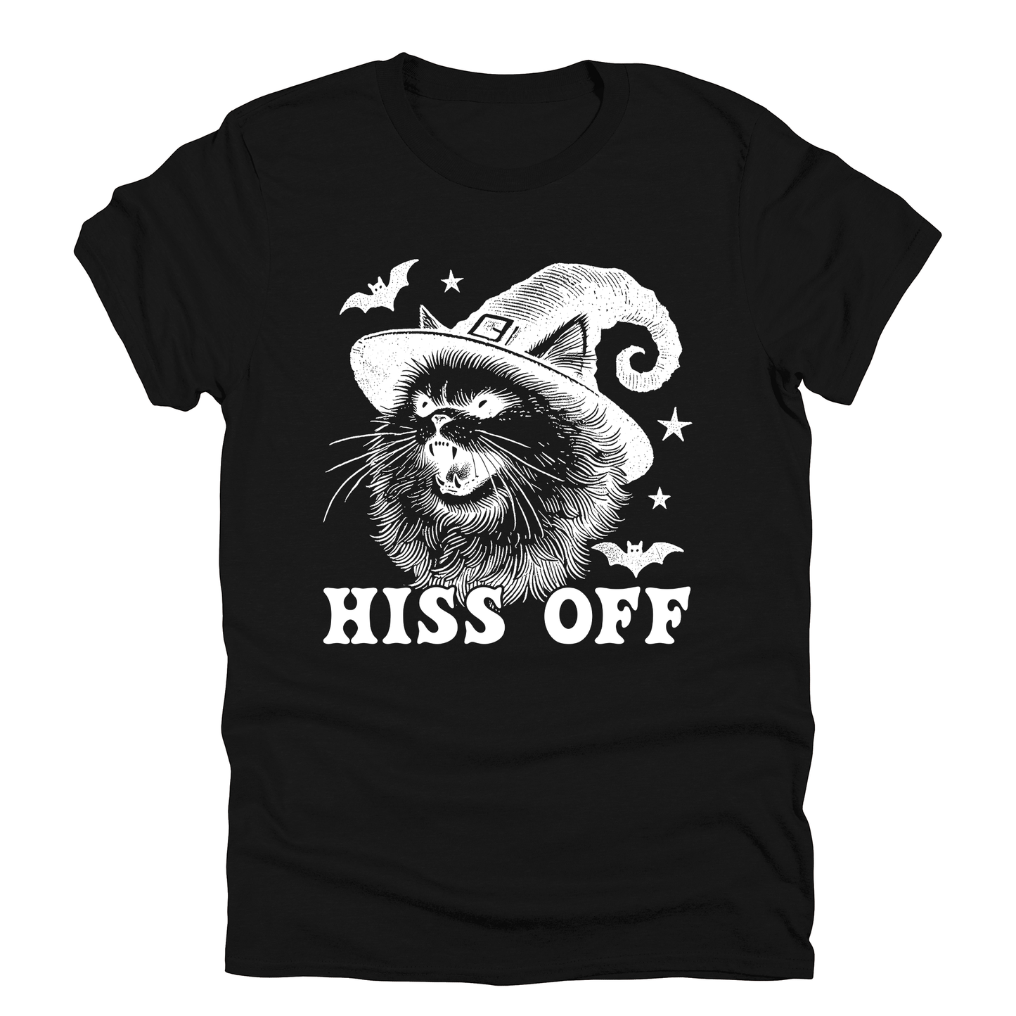 Hiss Off, Cat, Halloween Witch, Funny, Graphic Tee, Trendy Black Tshirt