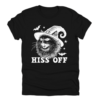 Hiss Off, Cat, Halloween Witch, Funny, Graphic Tee, Trendy Black Tshirt