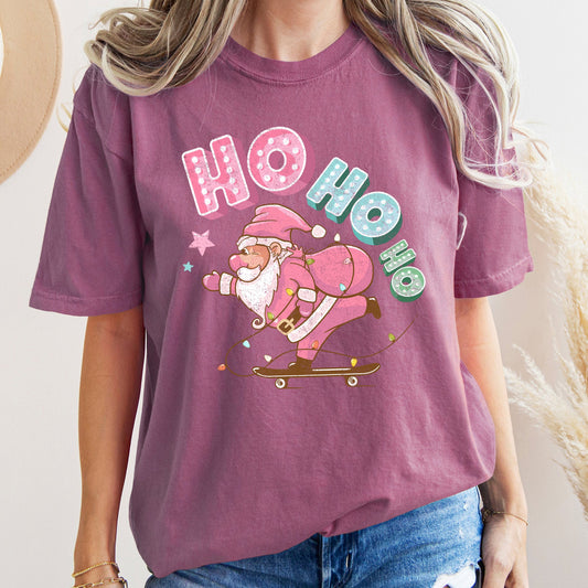 Ho Ho Ho, Pink Skateboarding Santa, Christmas, Retro, Comfort Colors, Tshirt
