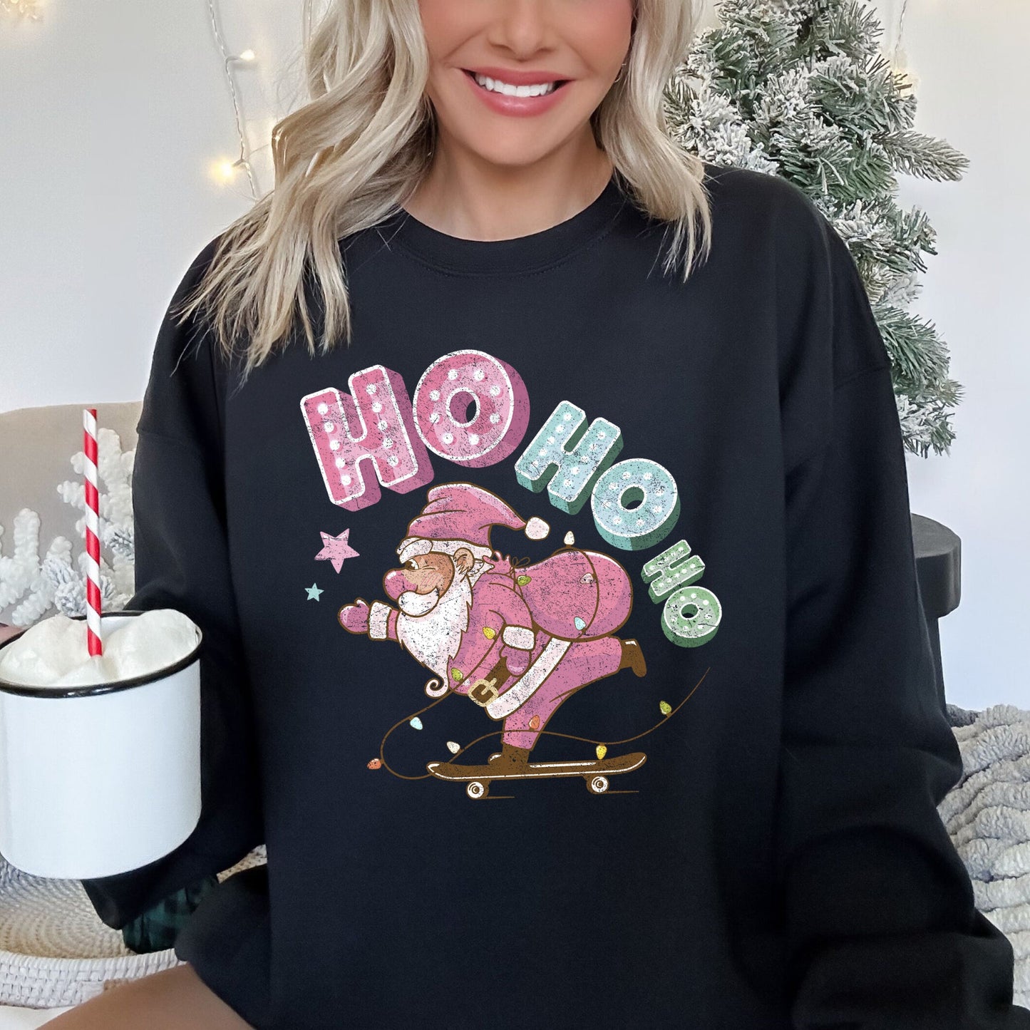 Ho Ho Ho, Pink Skateboarding Santa, Christmas, Retro Sweatshirt