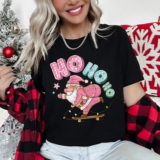 Ho Ho Ho, Pink Skateboarding Santa, Christmas, Retro Super Soft Tees