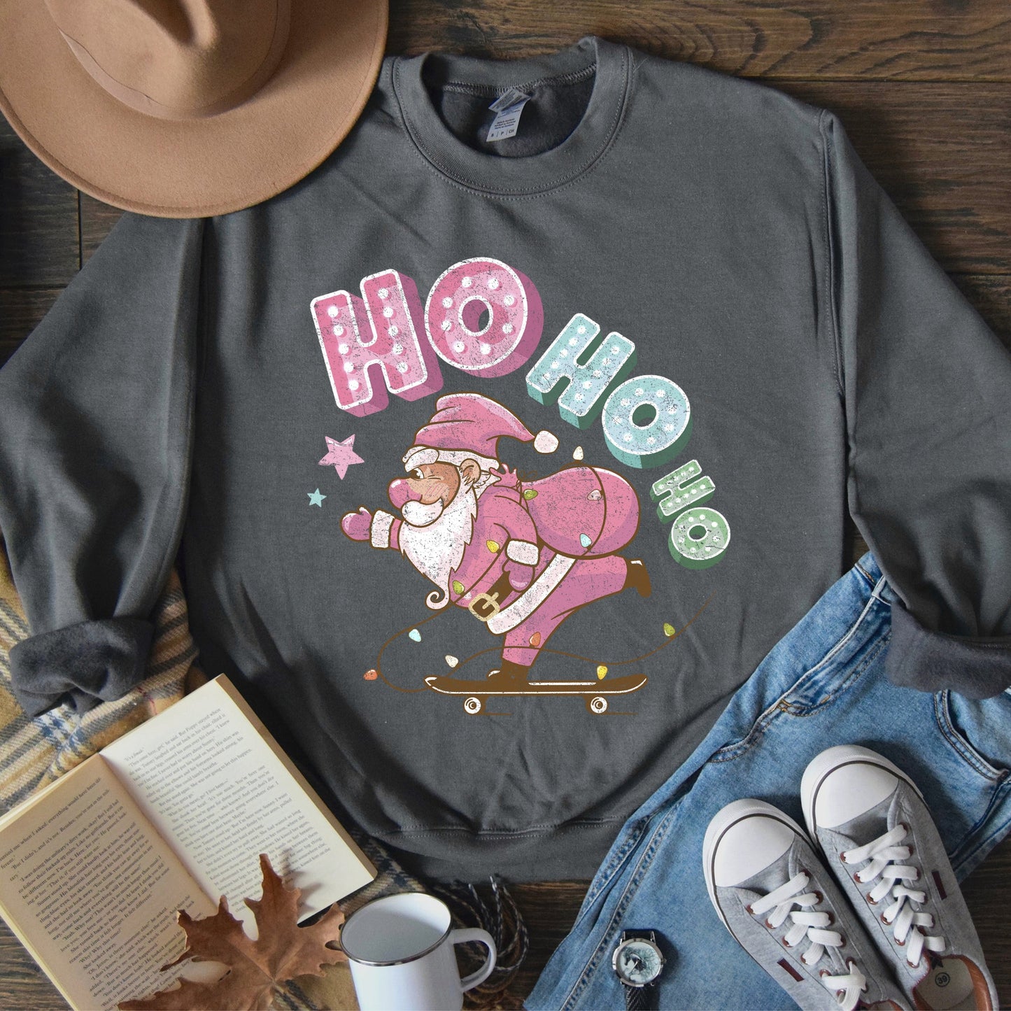 Ho Ho Ho, Pink Skateboarding Santa, Christmas, Retro Sweatshirt