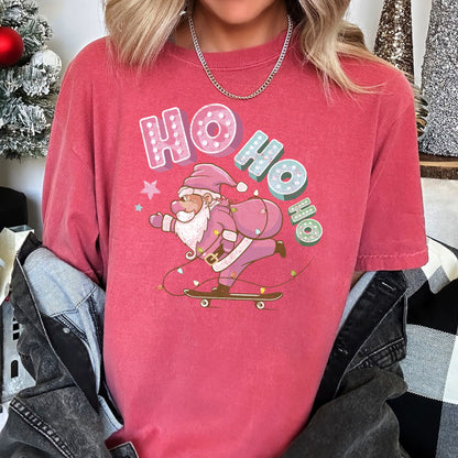 Ho Ho Ho, Pink Skateboarding Santa, Christmas, Retro, Comfort Colors, Tshirt