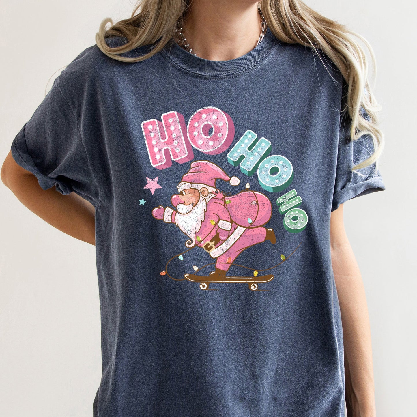 Ho Ho Ho, Pink Skateboarding Santa, Christmas, Retro, Comfort Colors, Tshirt