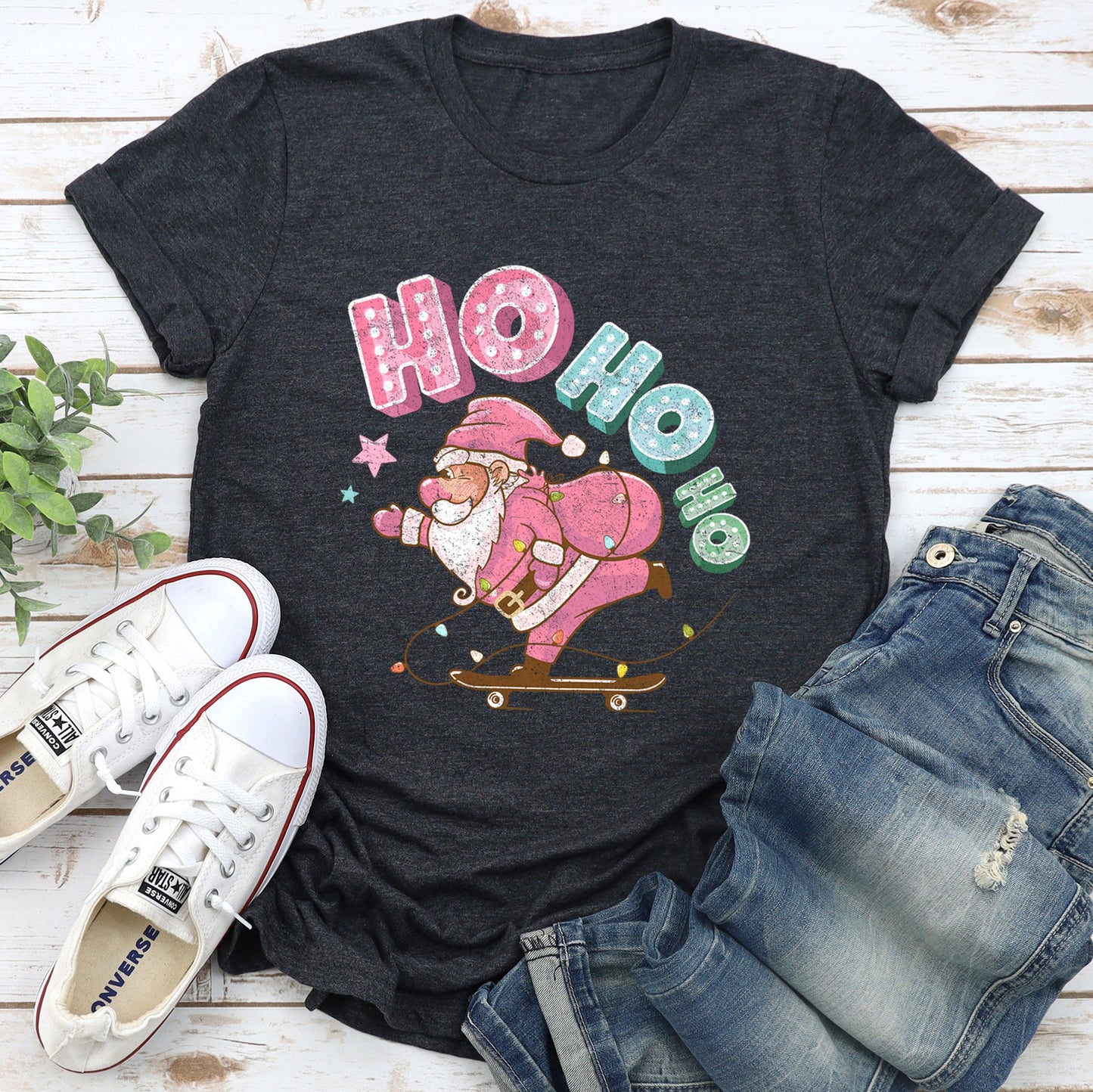 Ho Ho Ho, Pink Skateboarding Santa, Christmas, Retro Super Soft Tees