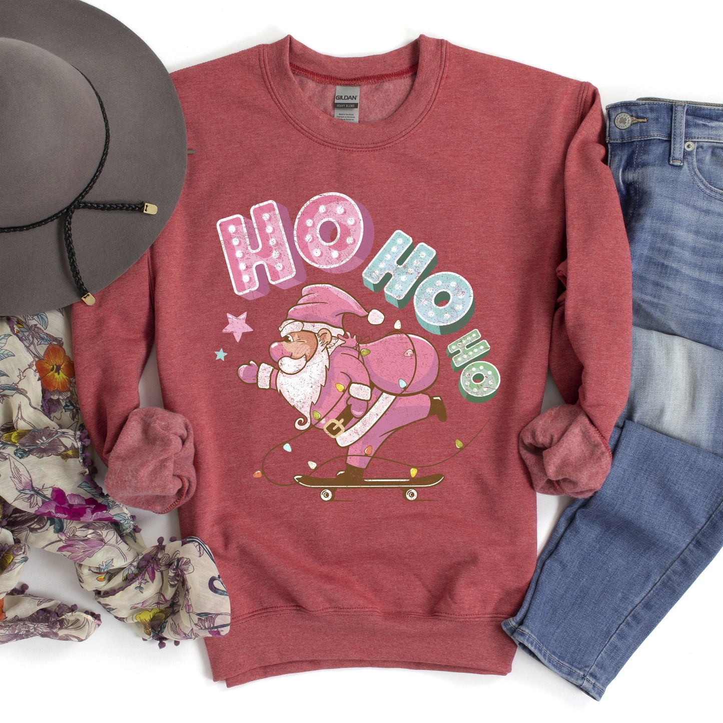 Ho Ho Ho, Pink Skateboarding Santa, Christmas, Retro Sweatshirt