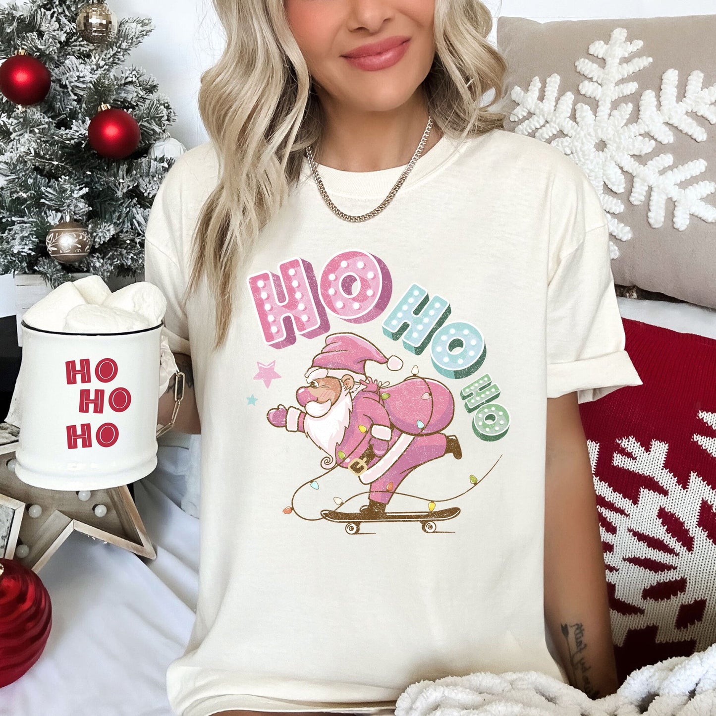 Ho Ho Ho, Pink Skateboarding Santa, Christmas, Retro, Comfort Colors, Tshirt