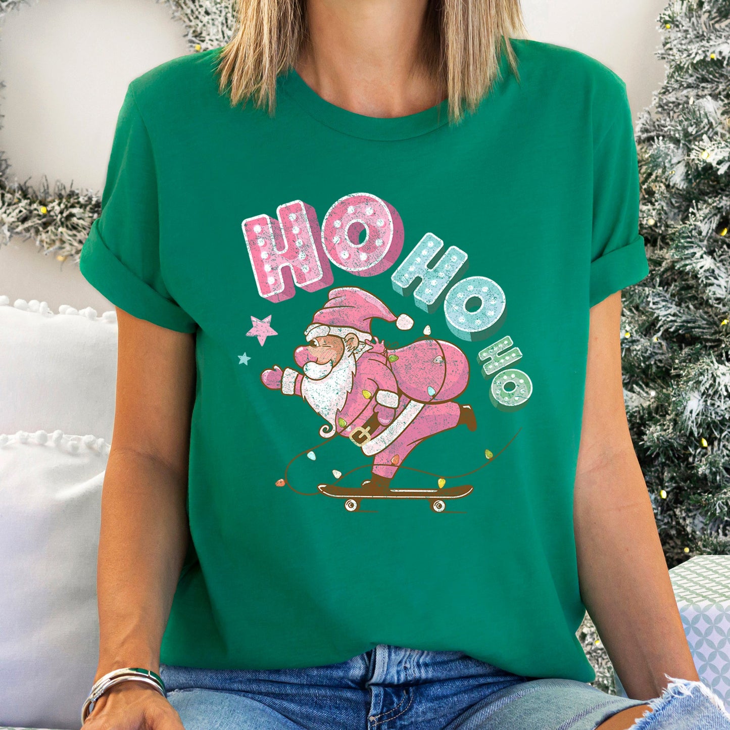 Ho Ho Ho, Pink Skateboarding Santa, Christmas, Retro Super Soft Tees