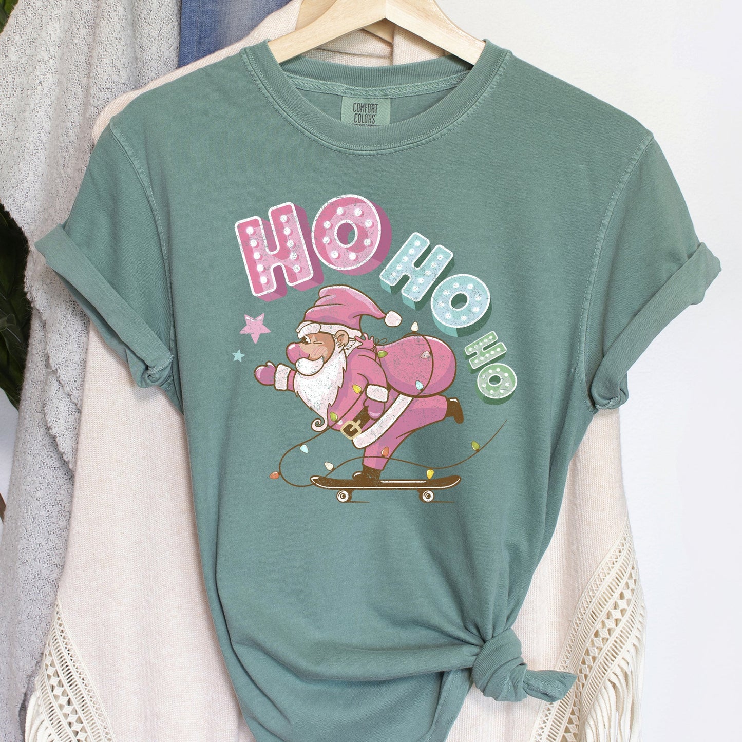 Ho Ho Ho, Pink Skateboarding Santa, Christmas, Retro, Comfort Colors, Tshirt