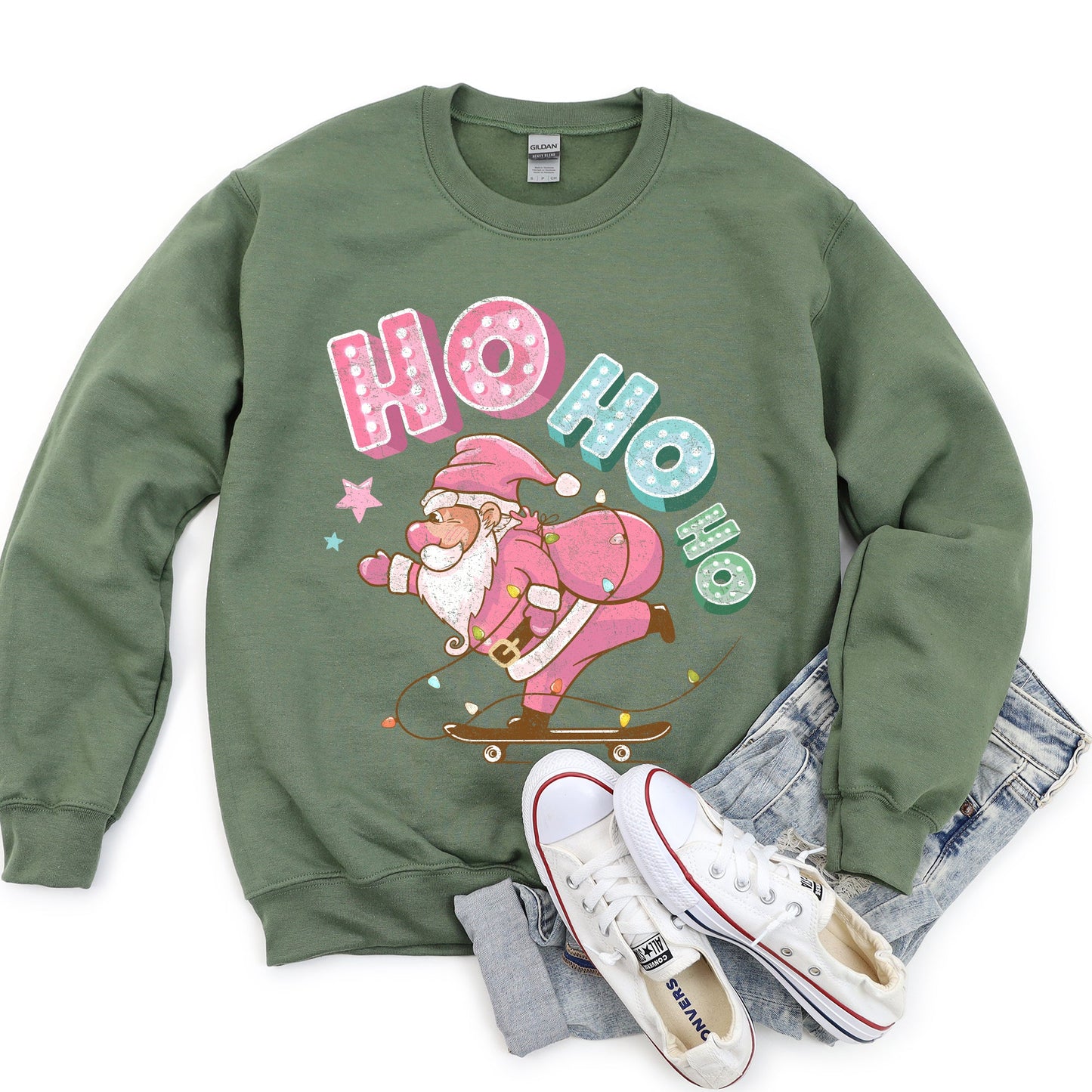 Ho Ho Ho, Pink Skateboarding Santa, Christmas, Retro Sweatshirt