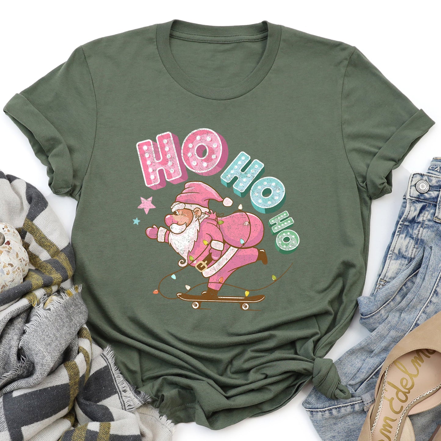 Ho Ho Ho, Pink Skateboarding Santa, Christmas, Retro Super Soft Tees