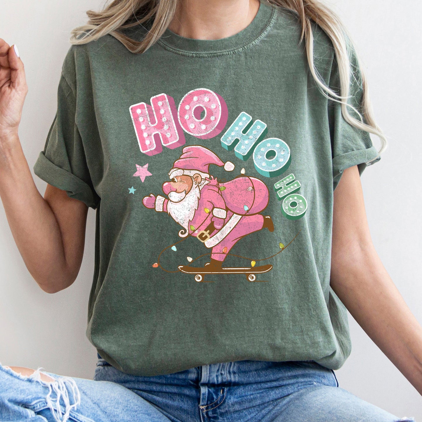 Ho Ho Ho, Pink Skateboarding Santa, Christmas, Retro, Comfort Colors, Tshirt