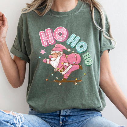 Ho Ho Ho, Pink Skateboarding Santa, Christmas, Retro, Comfort Colors, Tshirt