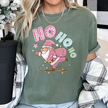 Ho Ho Ho, Pink Skateboarding Santa, Christmas, Retro, Comfort Colors, Tshirt