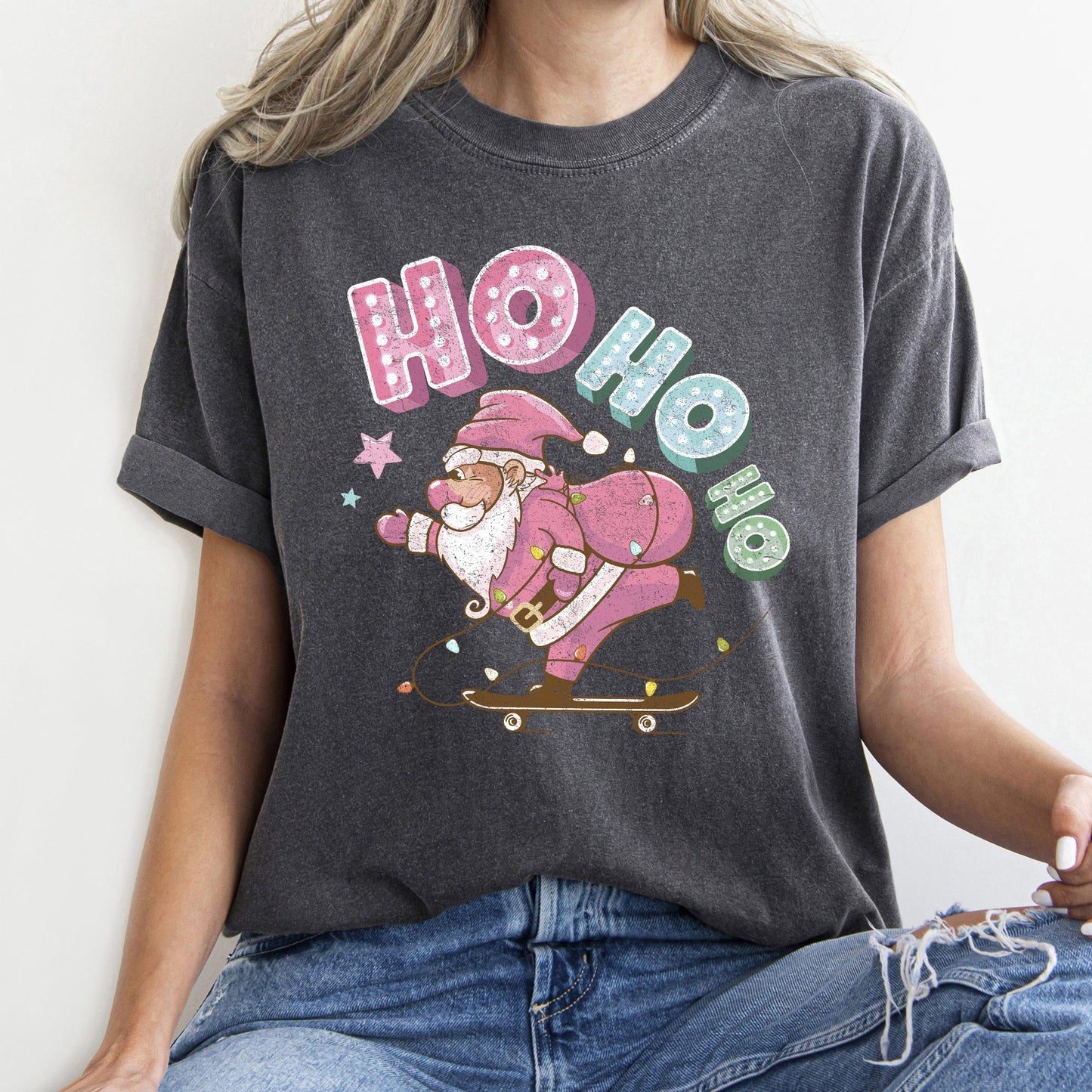 Ho Ho Ho, Pink Skateboarding Santa, Christmas, Retro, Comfort Colors, Tshirt