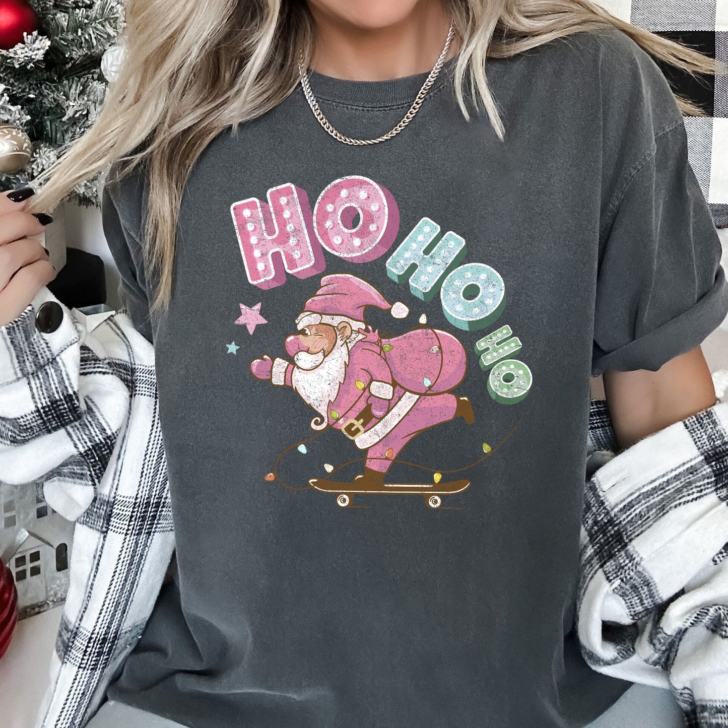 Ho Ho Ho, Pink Skateboarding Santa, Christmas, Retro, Comfort Colors, Tshirt
