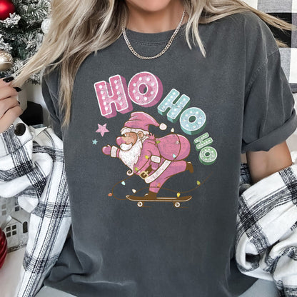 Ho Ho Ho, Pink Skateboarding Santa, Christmas, Retro, Comfort Colors, Tshirt