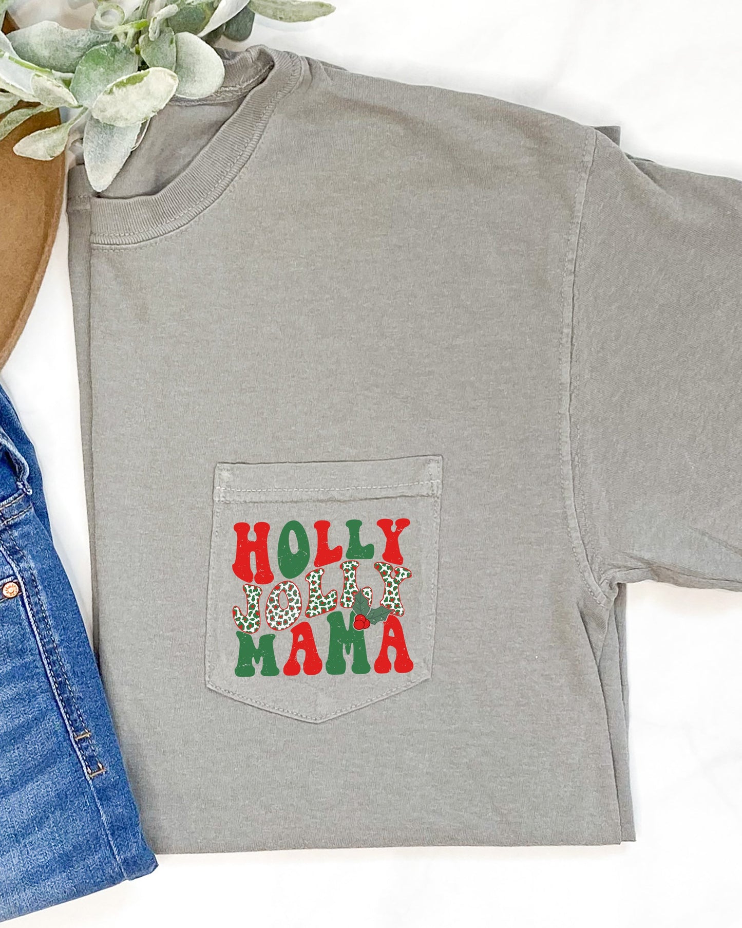 Holly Jolly Mama, Pocket, Christmas, Winter, Santa, Snow, Xmas Pocket Tee Comfort Colors T-Shirt