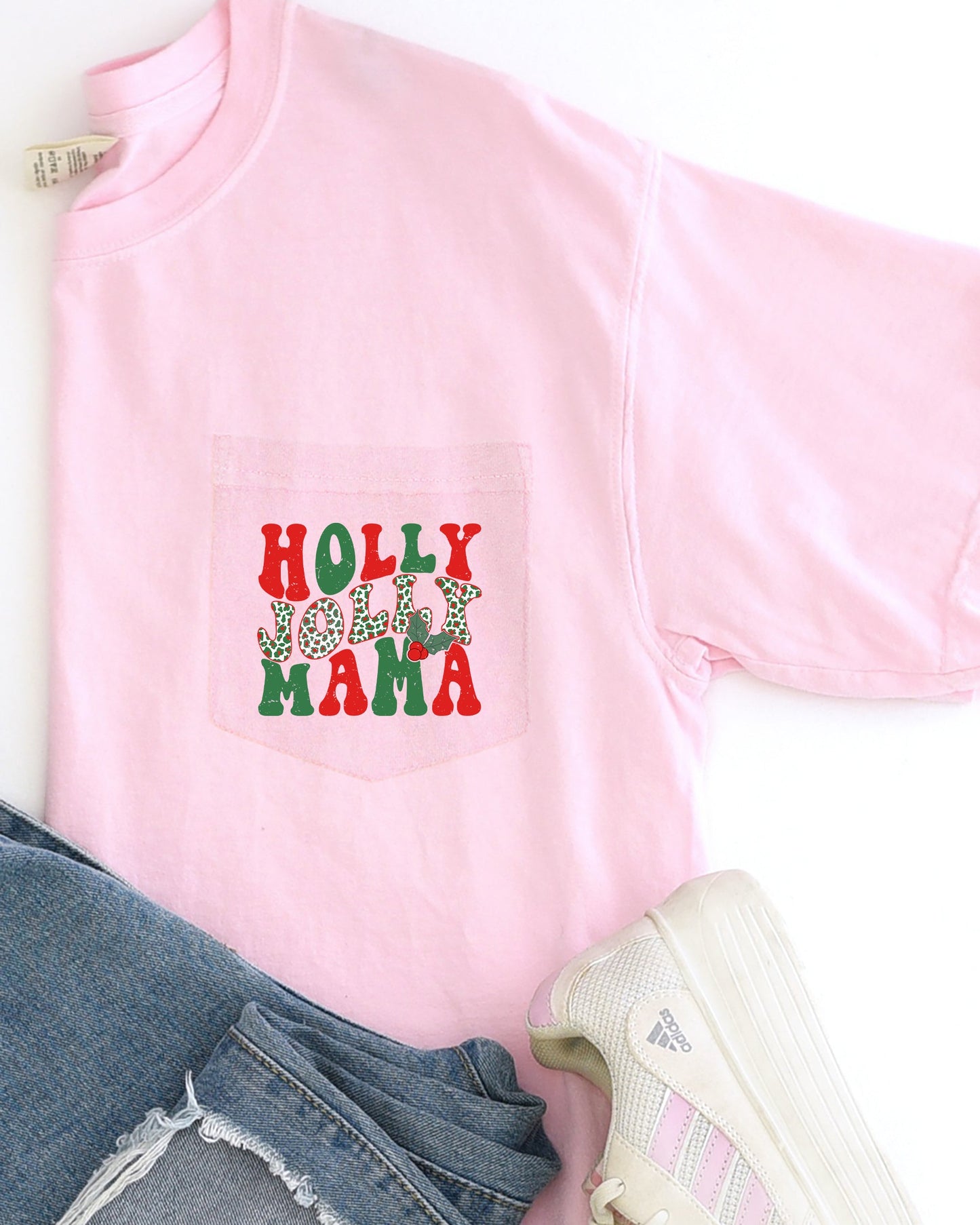 Holly Jolly Mama, Pocket, Christmas, Winter, Santa, Snow, Xmas Pocket Tee Comfort Colors T-Shirt