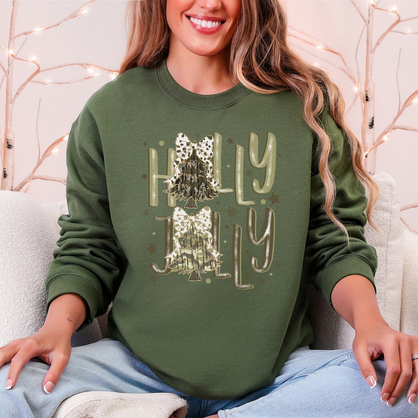 Holly Jolly, Camo Christmas Tree, Santa, Dalmatian Print, Ribbons, Bows Sweatshirt