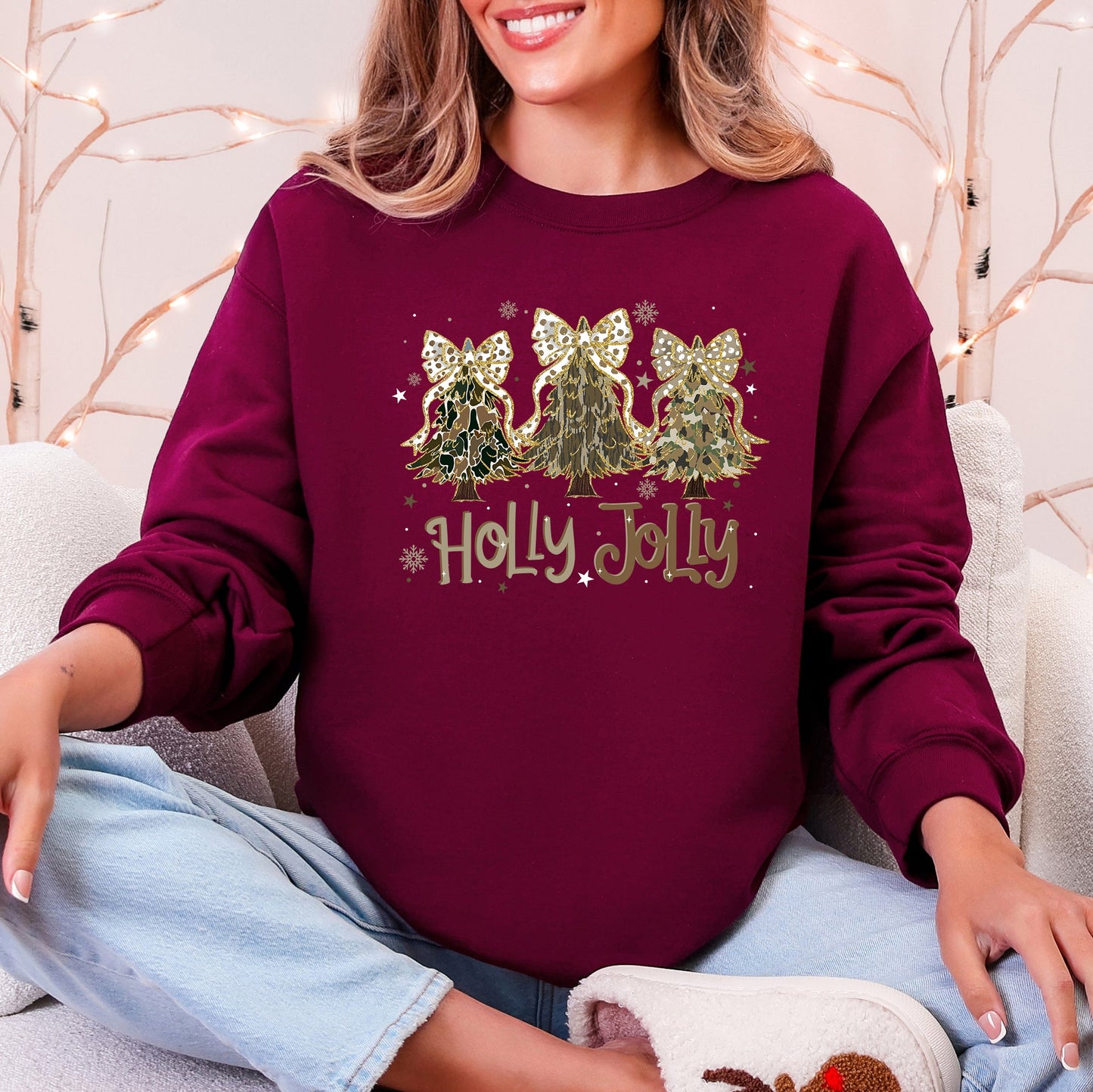 Holly Jolly, Camo Christmas Tree, Santa, Ribbons, Bows Sweatshirt