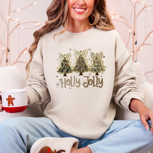 Holly Jolly, Camo Christmas Tree, Santa, Ribbons, Bows Sweatshirt