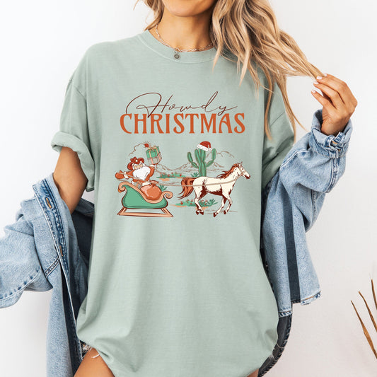 Howdy Christmas, Cowboy Santa, Western, Sleigh, Horse, Country, Xmas Tshirt Comfort Colors T-Shirt