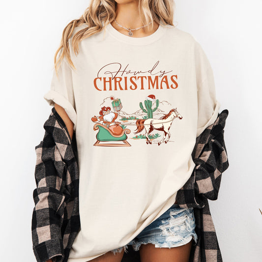 Howdy Christmas, Cowboy Santa, Western, Sleigh, Horse, Country, Xmas Tshirt Comfort Colors T-Shirt