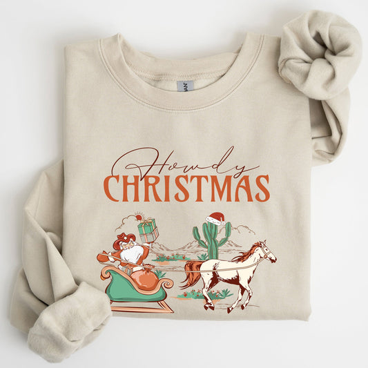 Howdy Christmas, Cowboy Santa, Western, Sleigh, Horse, Country, Xmas Sweatshirt