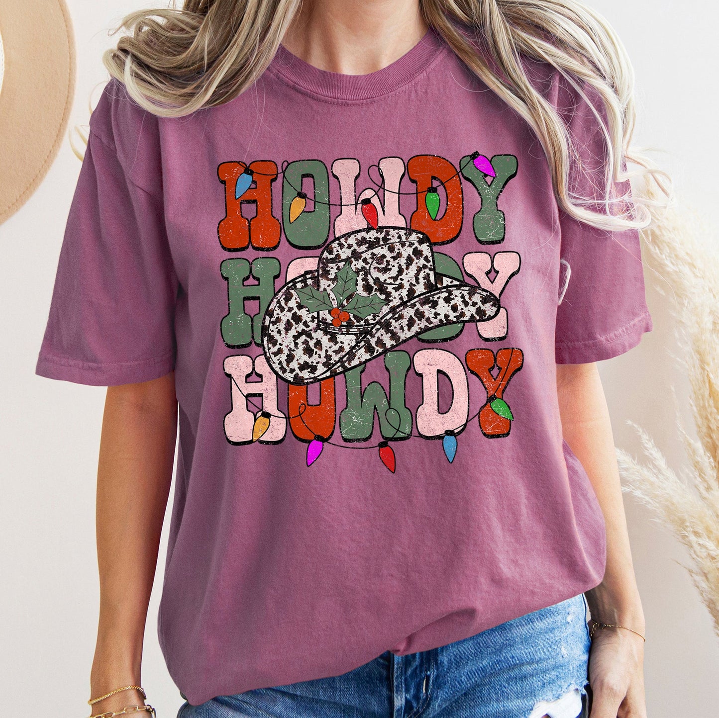 Howdy Christmas, Leopard Print Cowboy Hat, Retro Text, Comfort Colors, Tshirt