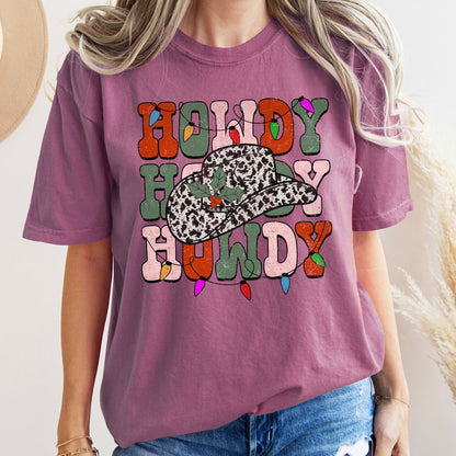 Howdy Christmas, Leopard Print Cowboy Hat, Retro Text, Comfort Colors, Tshirt