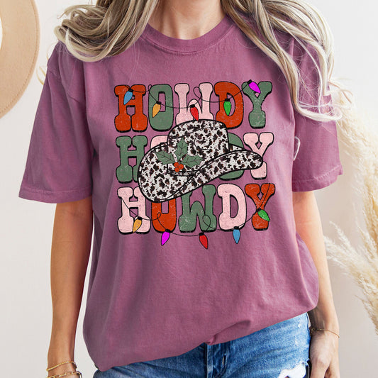 Howdy Christmas, Leopard Print Cowboy Hat, Retro Text, Comfort Colors, Tshirt