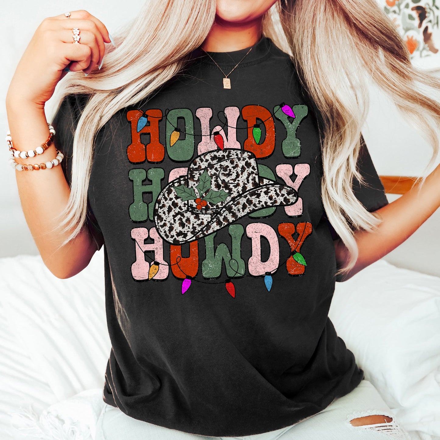 Howdy Christmas, Leopard Print Cowboy Hat, Retro Text, Comfort Colors, Tshirt