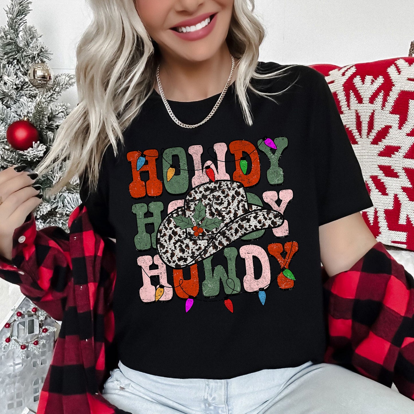 Howdy Christmas, Leopard Print Cowboy Hat, Retro Text Super Soft Tees