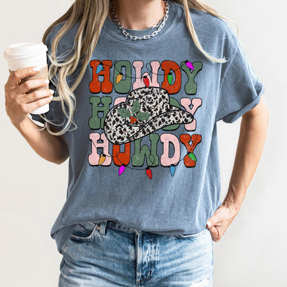 Howdy Christmas, Leopard Print Cowboy Hat, Retro Text, Comfort Colors, Tshirt