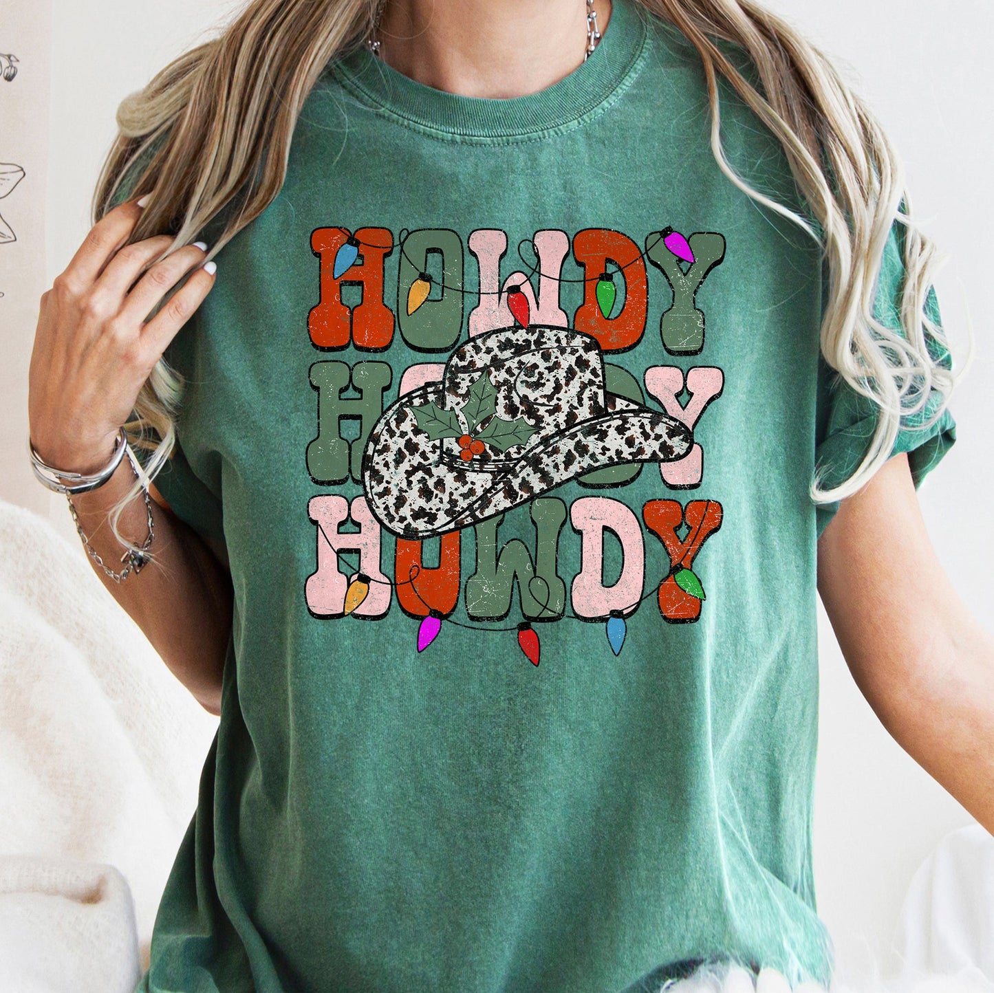 Howdy Christmas, Leopard Print Cowboy Hat, Retro Text, Comfort Colors, Tshirt
