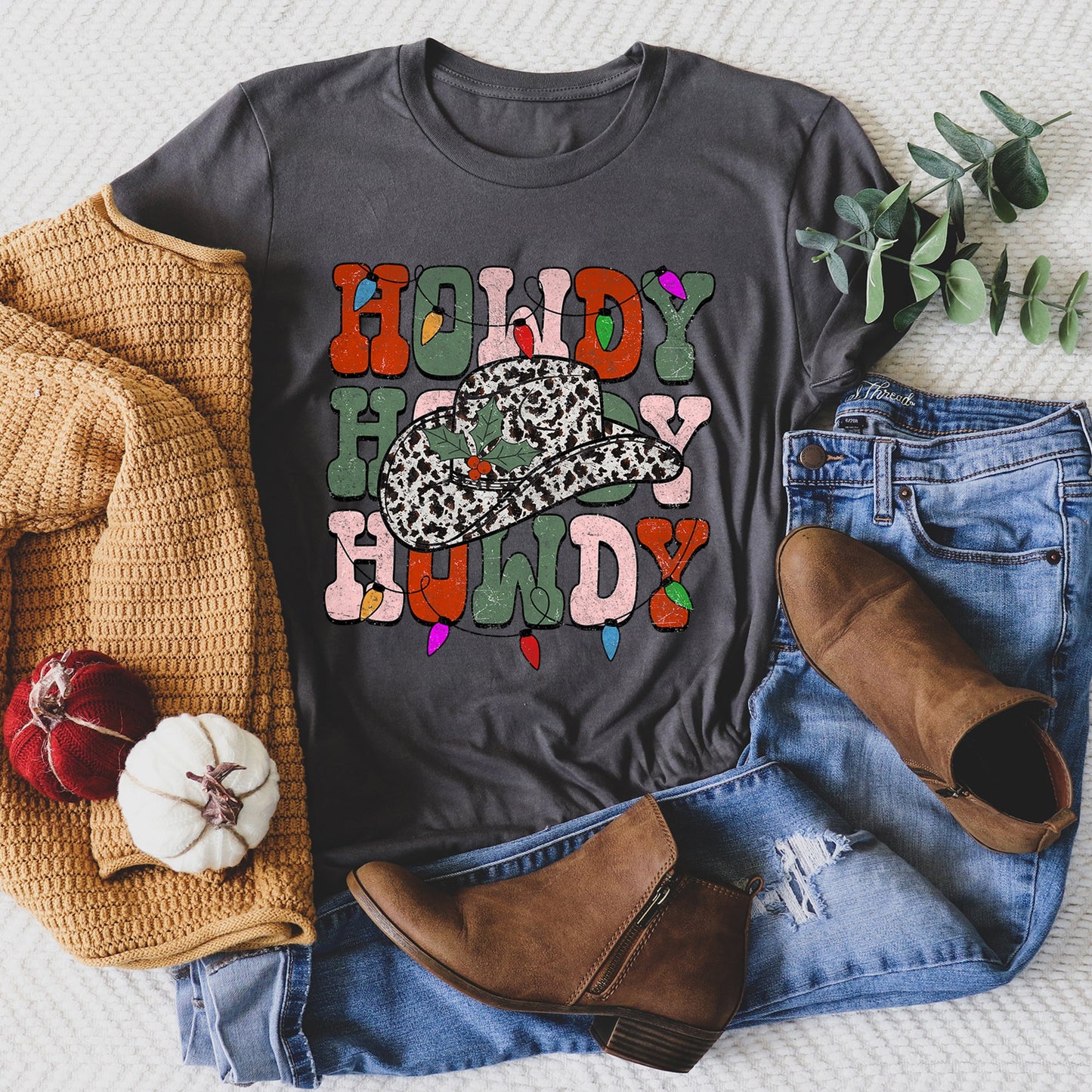 Howdy Christmas, Leopard Print Cowboy Hat, Retro Text Super Soft Tees