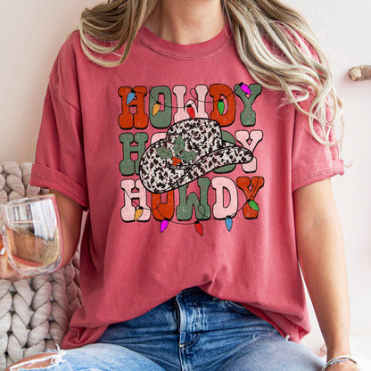 Howdy Christmas, Leopard Print Cowboy Hat, Retro Text, Comfort Colors, Tshirt