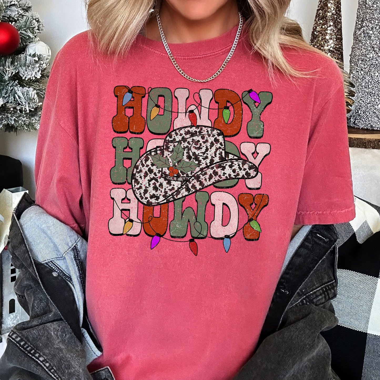 Howdy Christmas, Leopard Print Cowboy Hat, Retro Text, Comfort Colors, Tshirt