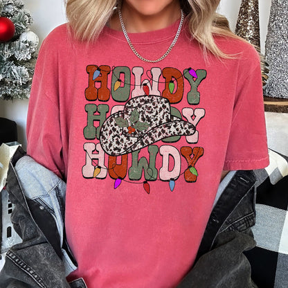 Howdy Christmas, Leopard Print Cowboy Hat, Retro Text, Comfort Colors, Tshirt