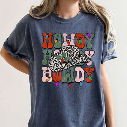 Howdy Christmas, Leopard Print Cowboy Hat, Retro Text, Comfort Colors, Tshirt