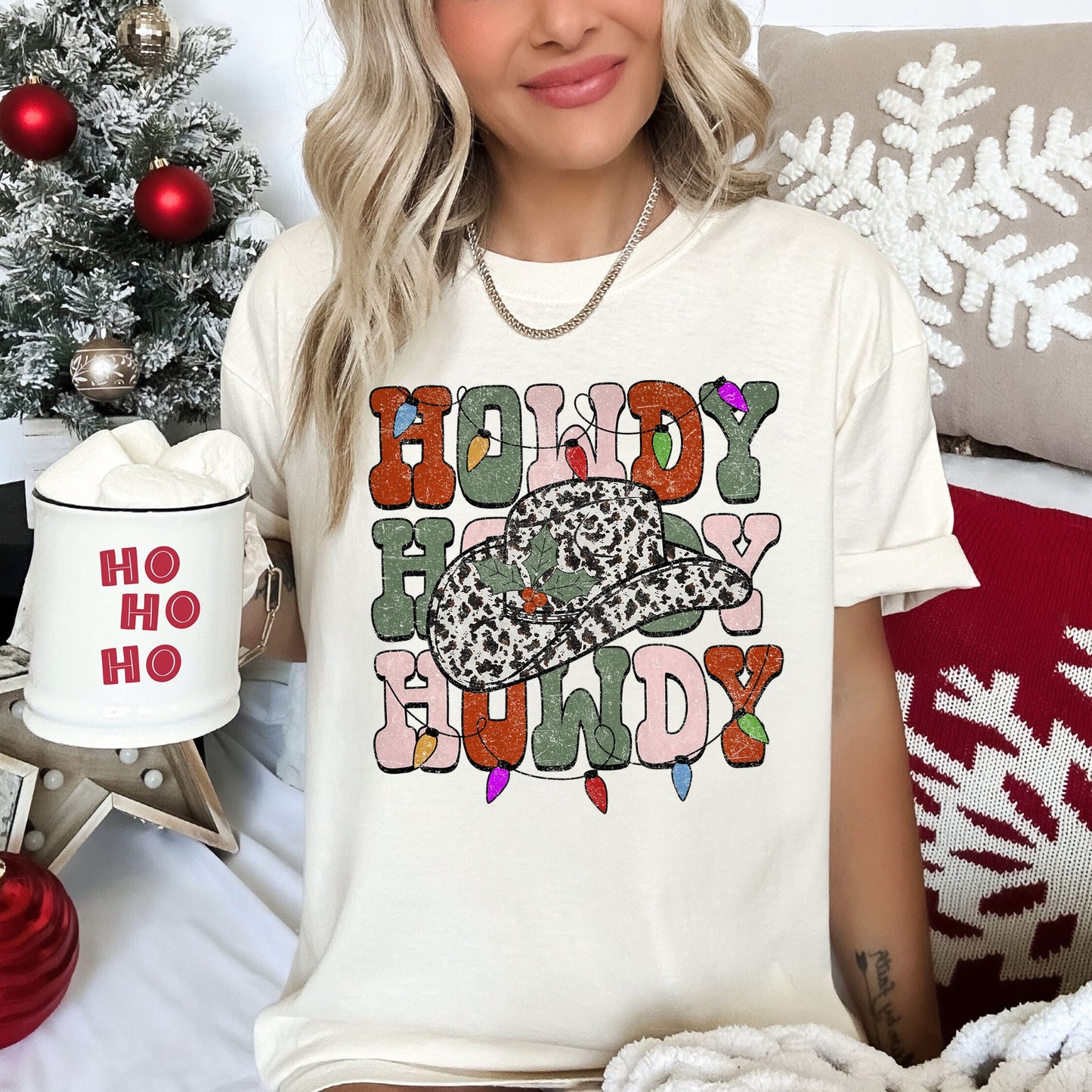 Howdy Christmas, Leopard Print Cowboy Hat, Retro Text, Comfort Colors, Tshirt