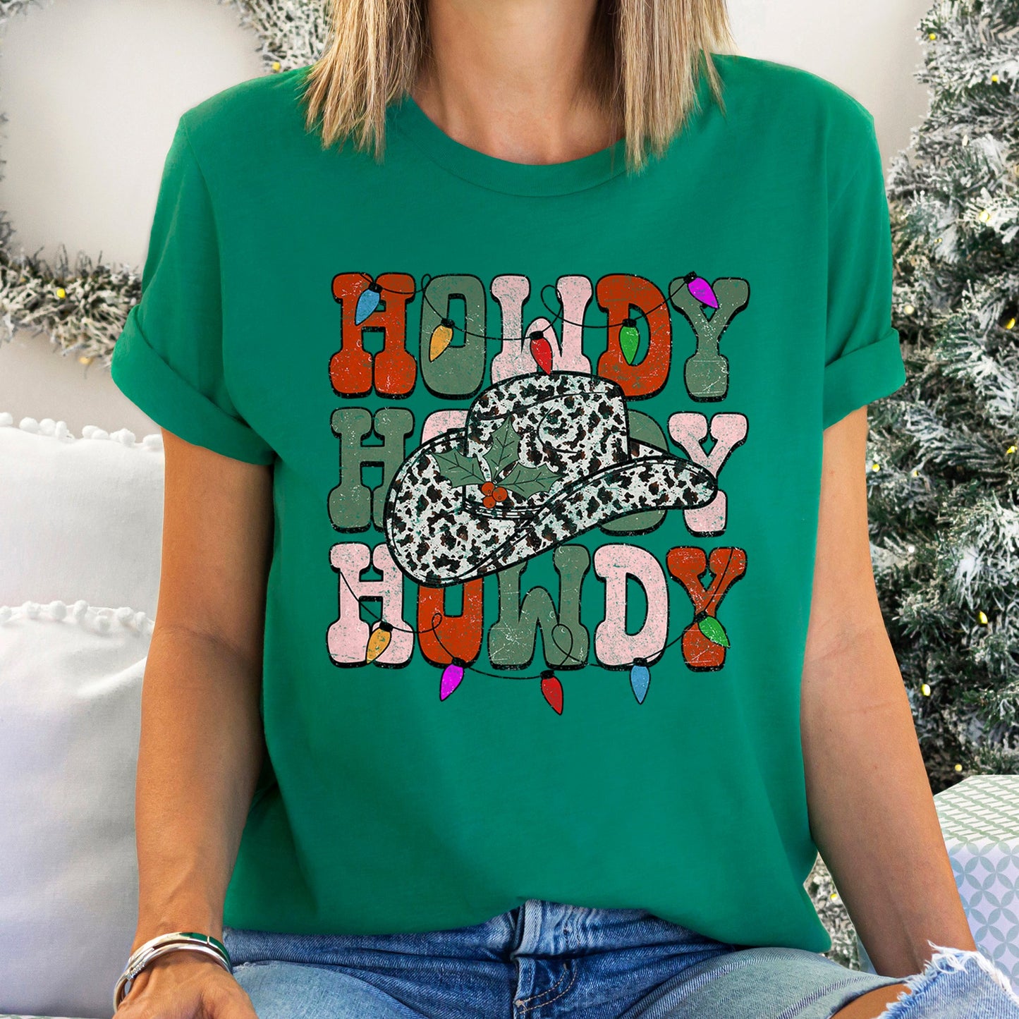 Howdy Christmas, Leopard Print Cowboy Hat, Retro Text Super Soft Tees